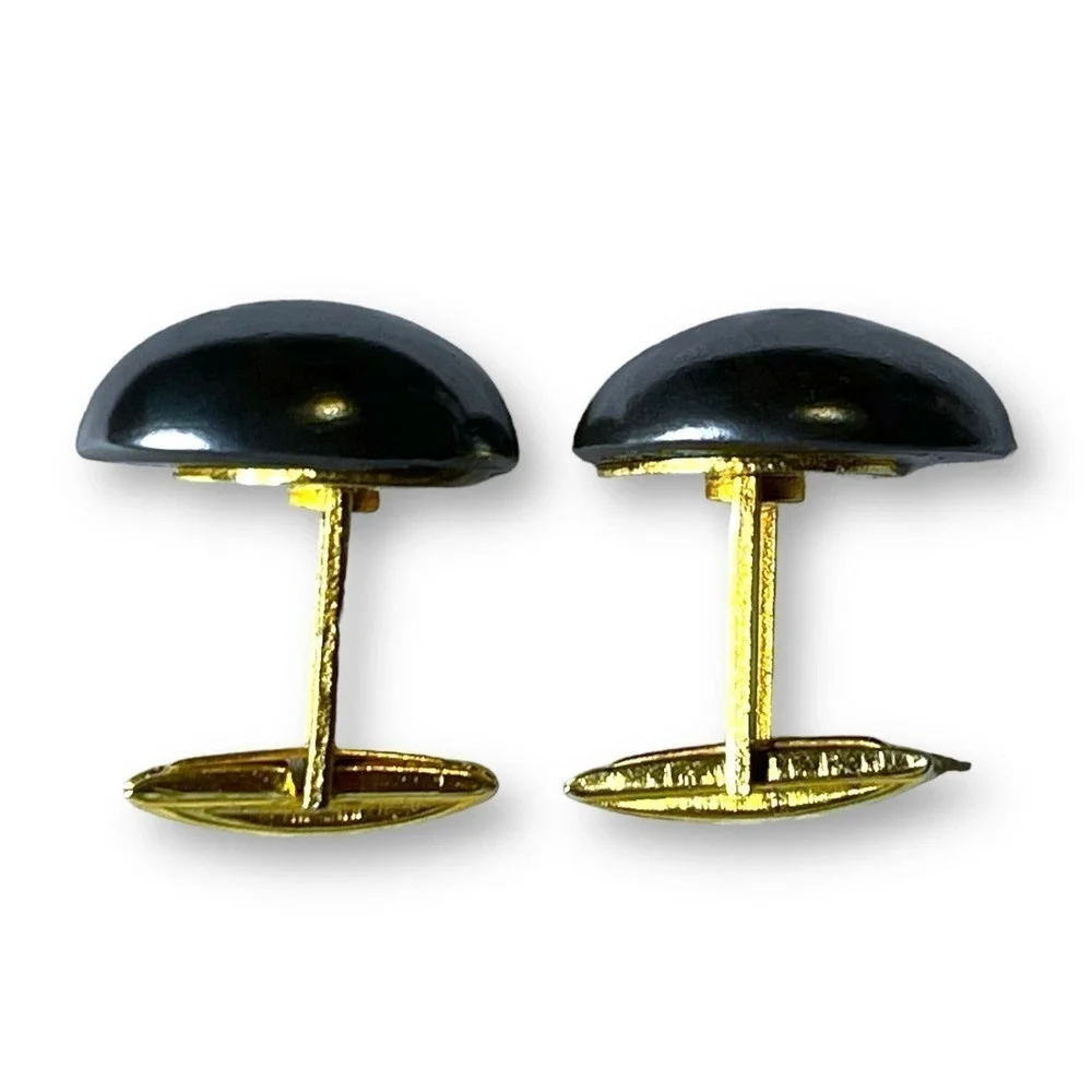 Vintage Natural Hematite Cabochon Cufflinks with Gold Tone Locking Bars